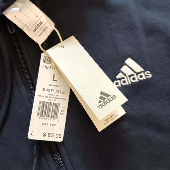 adidas Mens Essential Fleece 3-Stripe Full Zip Hoodie Jacket Navy Size Large NWT - Picture 3 of 3
